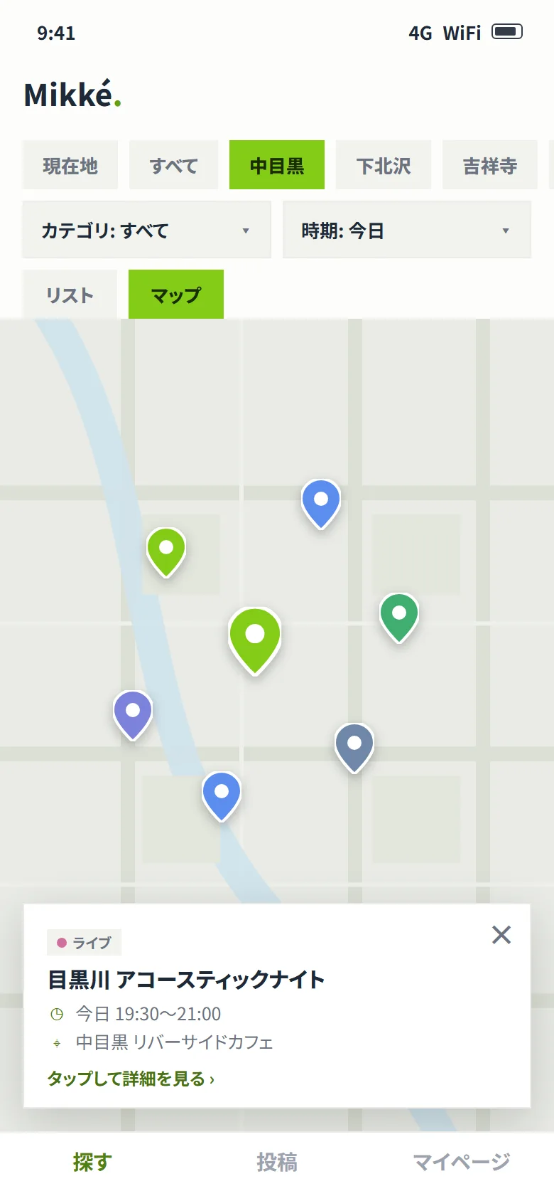 Mikké の地図の画面。イベントの場所がピンで並ぶ