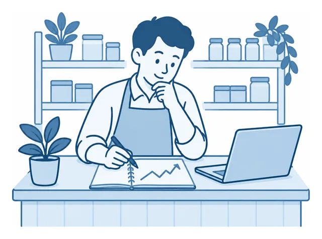 お店のカウンターで数字を見直している店主のイラスト