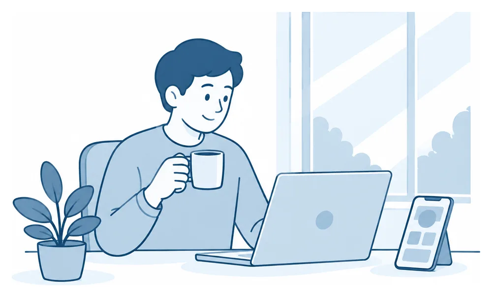 朝、できあがったものを見返している人のイラスト