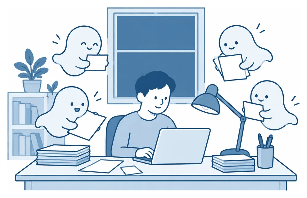 夜、小さな助手たちと一緒に机で作業している人のイラスト