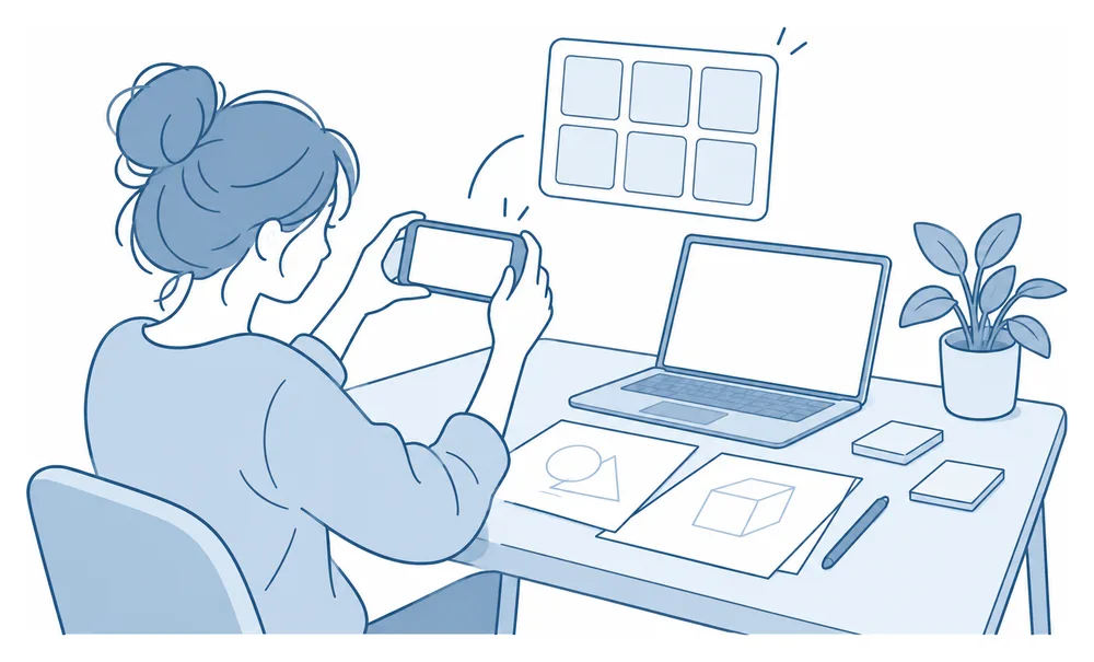 スマートフォンで机の上の制作の様子を撮っているイラスト