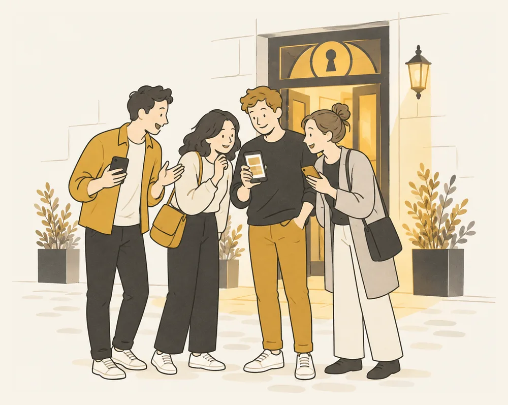 謎解きを終えた仲間たちが、スマートフォンを見せ合って感想を話しているイラスト