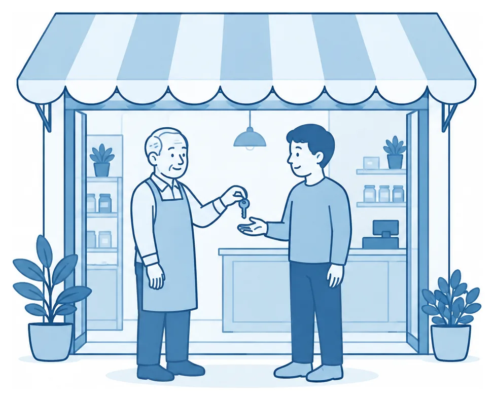 小さなお店の鍵を、前の店主から次の人へ手渡す場面のイラスト