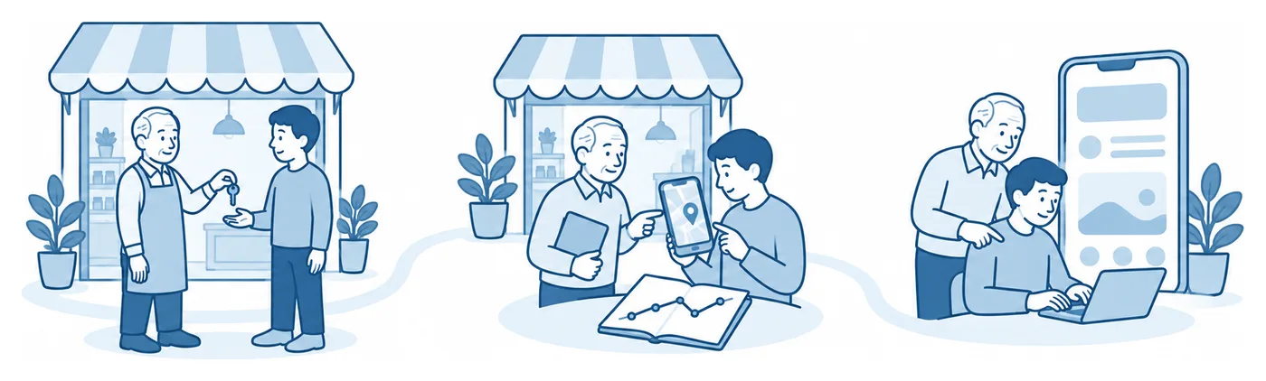 事業の引き継ぎ、お店の集客、アプリづくりの 3 つの場面が一本の道でつながり、相談役が歩いて手伝っているイラスト