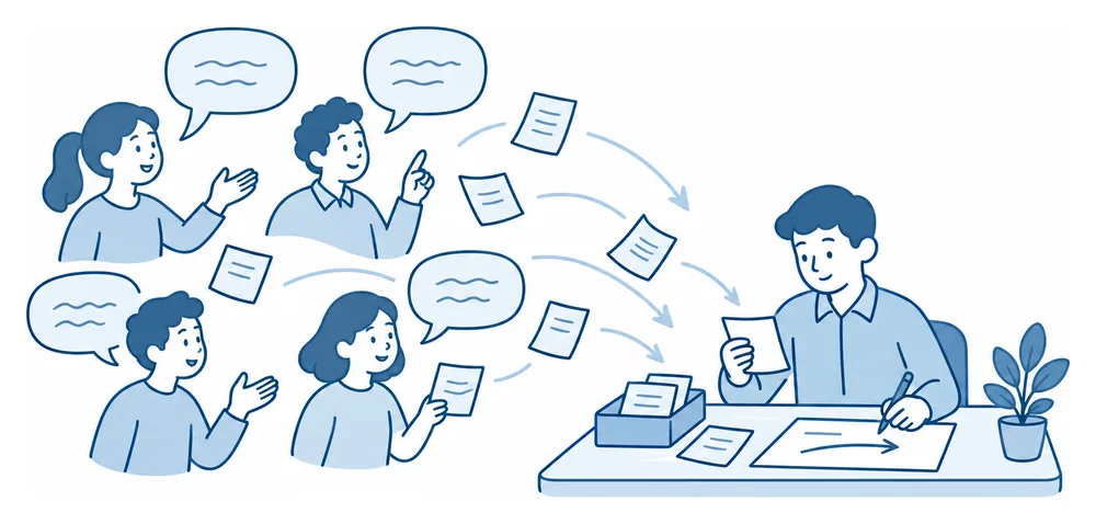 いろいろな人から届いた吹き出しやメモを、机で読んで次の計画につなげているイラスト